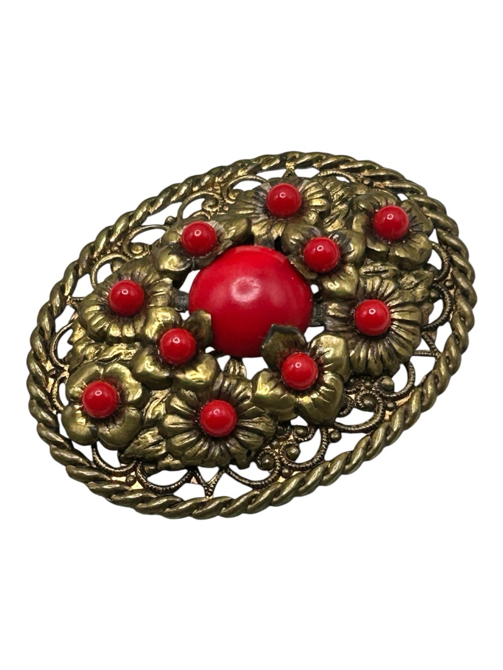 Vintage Czech Red Glass Flower Cluster Brooch